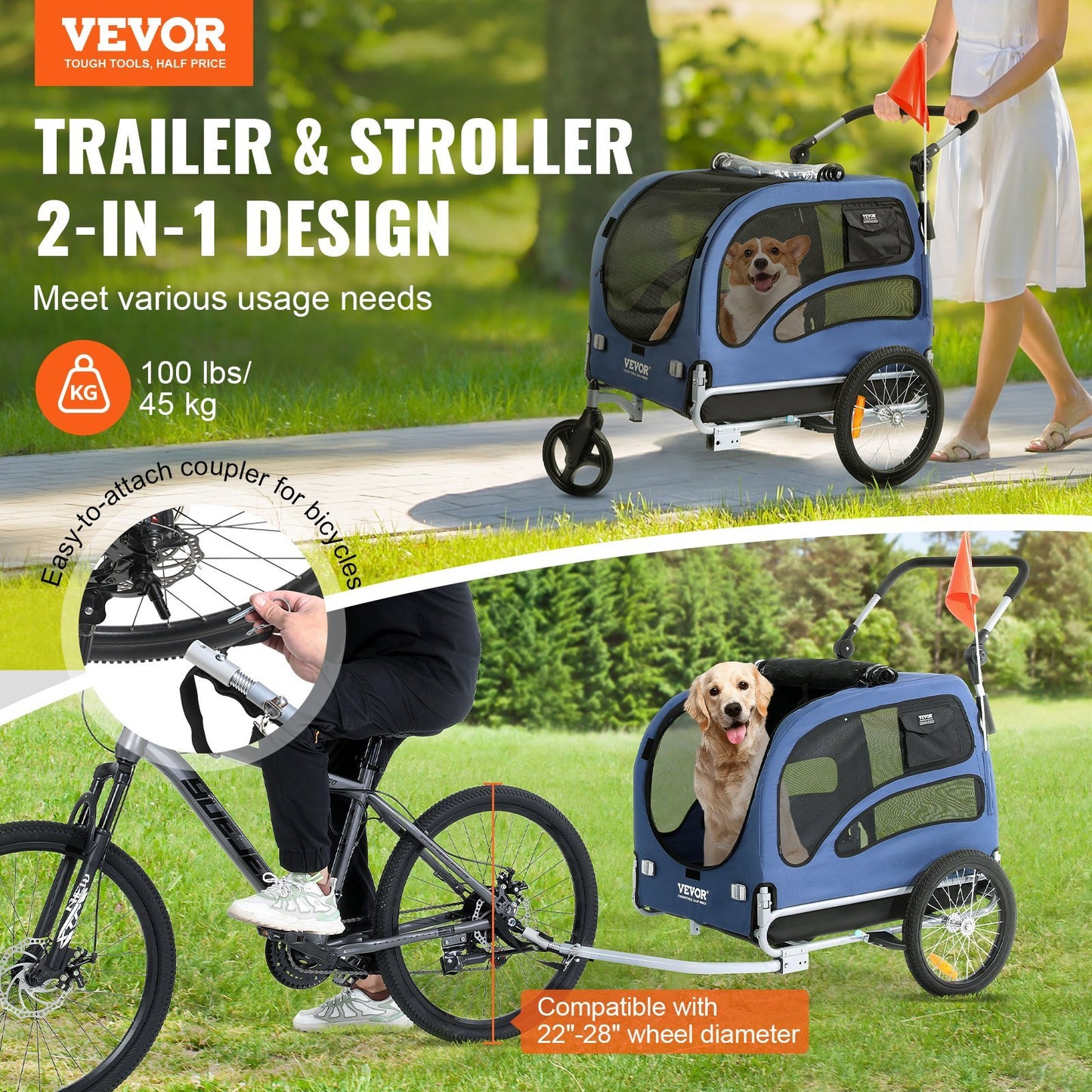 2-in-1 Pet Stroller Cart Bicycle Carrier, Easy Folding Cart Frame With Quick Release Wheels, Universal Bicycle Coupler, Reflectors, Flag, Blue Black