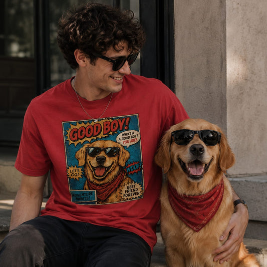 Funny retro dog graphic t-shirt with front chest text and vintage comic dog back print