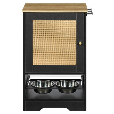 Feeding Station With 1 Storage Cabinets, Pet Feeding Station With 2 Elevated Dog Bowls, Side Hooks, Anti-tip Kit, Hidden Pet Feeder Station For Feeding Watering, Black