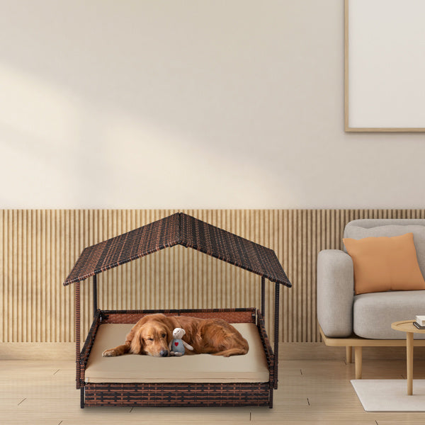 Luxury Rattan Dog House with Roof – Elevated Indoor/Outdoor Pet Bed