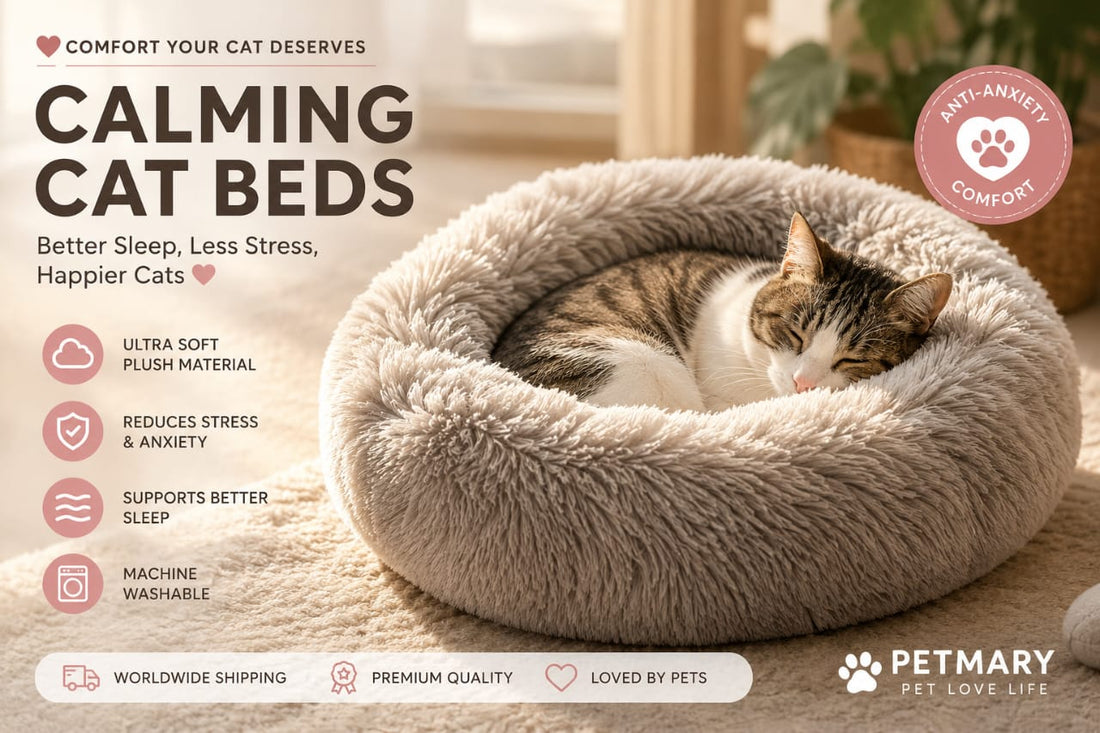 Fluffy indoor cat relaxing in a soft calming cat bed designed to reduce anxiety and improve sleep quality.