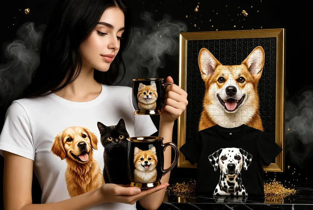 Luxury Pet Lover Gifts Collection – Custom pet portraits printed on t-shirts, mugs, and puzzles featuring golden retriever, black cat, and corgi in elegant black and gold style 2026