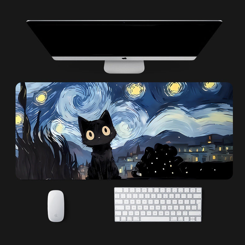 Starry Night Black Cat Extended Mouse Pad