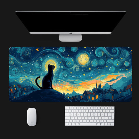 Starry Night Black Cat Extended Mouse Pad 