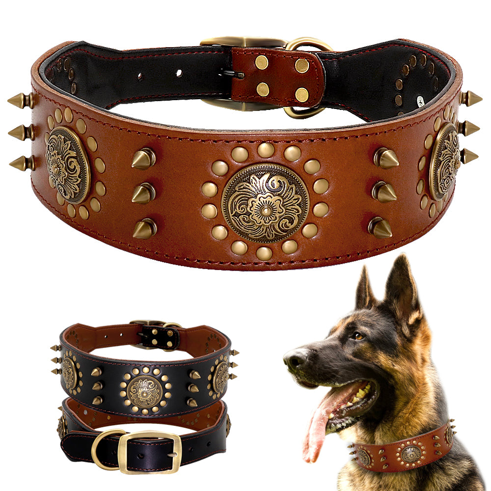 Luxury Leather Stud Dog Collar – Heavy Duty Anti-Bite Collar for Large Dogs | Spiked Designer Pet Collar