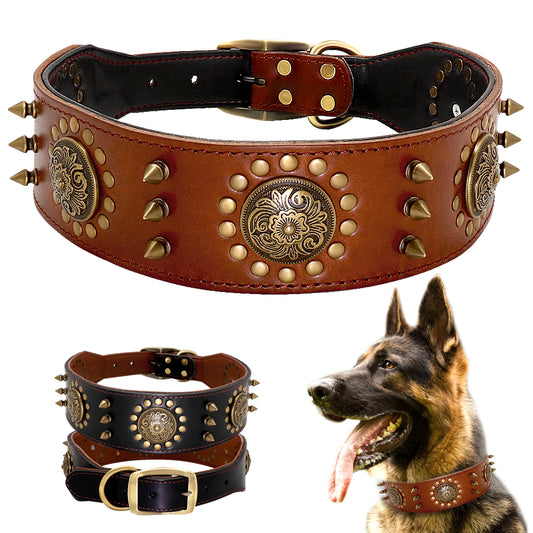 Luxury Leather Stud Dog Collar – Heavy Duty Anti-Bite Collar for Large Dogs | Spiked Designer Pet Collar