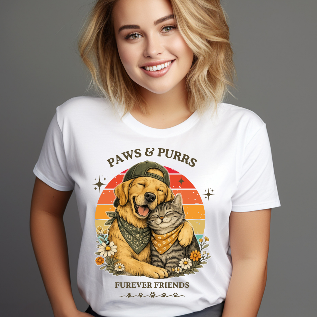 Paws & Purrs Forever Friends Dog & Cat Lover Vintage Tee