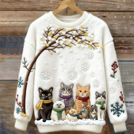 Womens Printed Cat Christmas Crew-Neck Sweatshirt Top