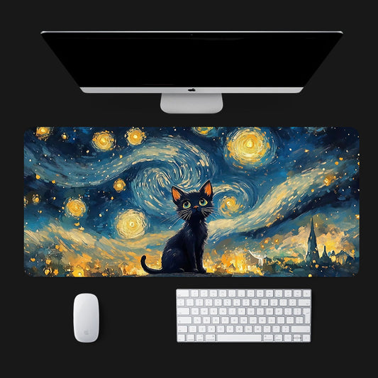 Starry Night Black Cat Extended Mouse Pad