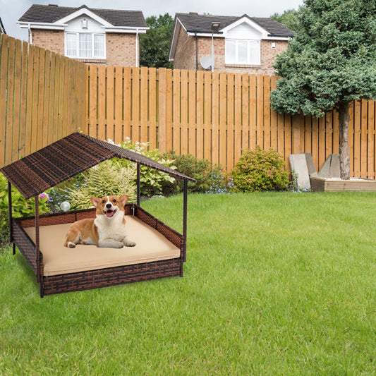 Luxury Rattan Dog House with Roof – Elevated Indoor/Outdoor Pet Bed