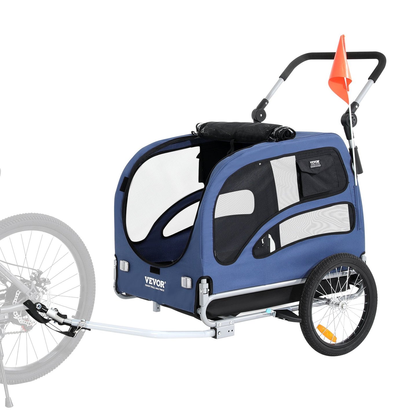 2-in-1 Pet Stroller Cart Bicycle Carrier, Easy Folding Cart Frame With Quick Release Wheels, Universal Bicycle Coupler, Reflectors, Flag, Blue Black
