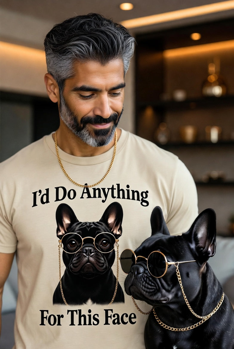 Funny French Bulldog t-shirt with cool black Frenchie wearing sunglasses and gold chain