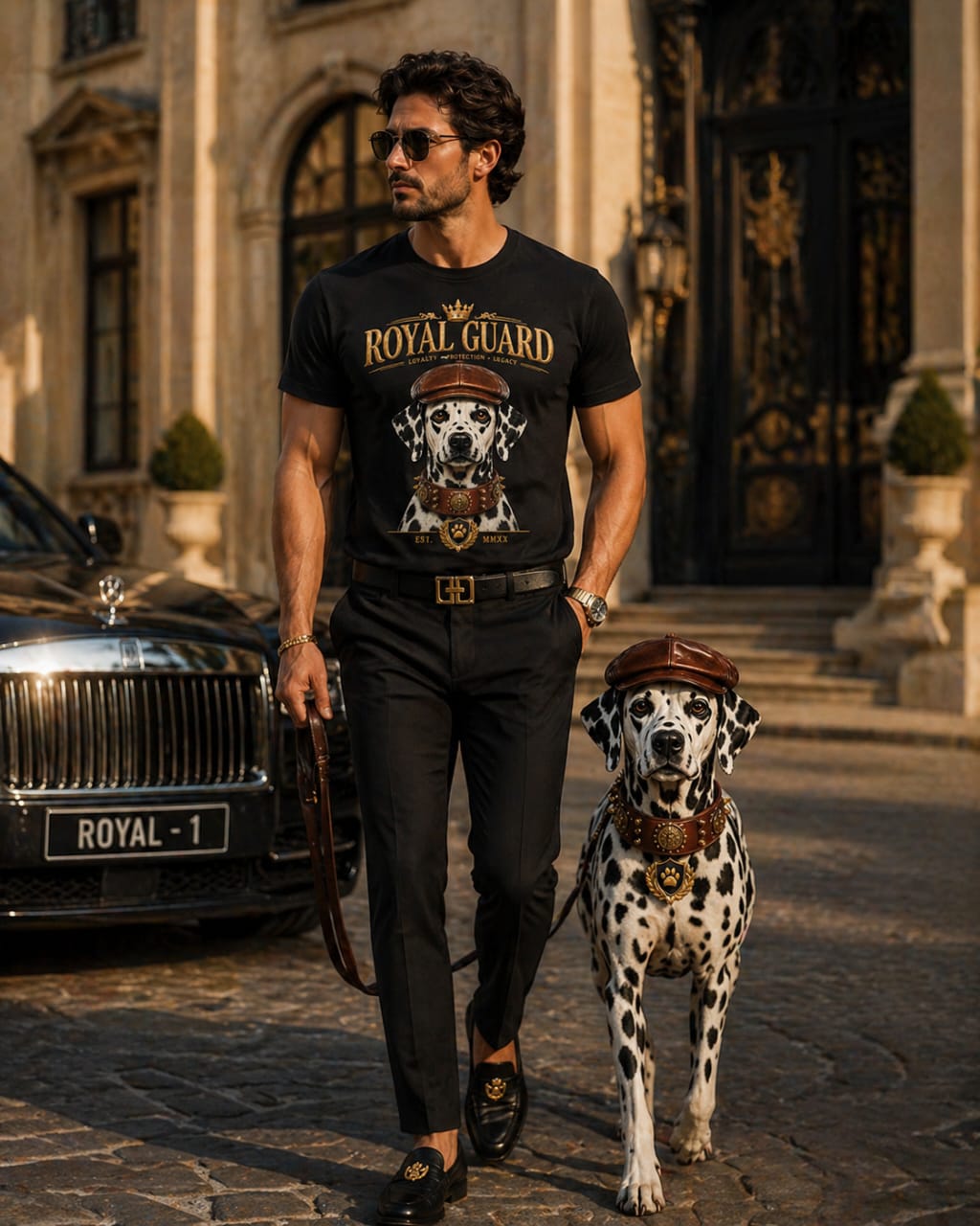 Luxury Dalmatian graphic t-shirt worn by a man walking with a Dalmatian dog in an elegant streetwear style setting