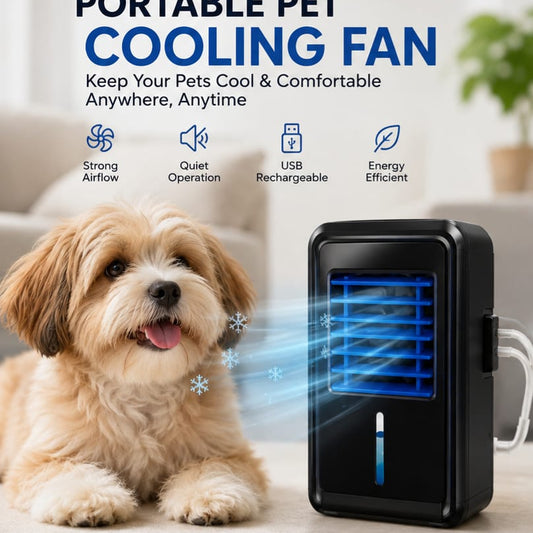 portable pet cooling fan with USB rechargeable design besidea dog, providng refreshing airflow for hot weather