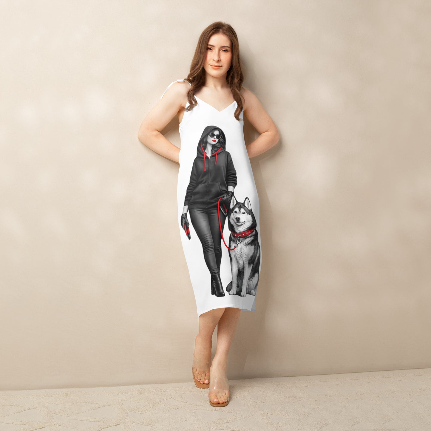Luxury Graphic Dress – Elegant Black & White Lady with Dog