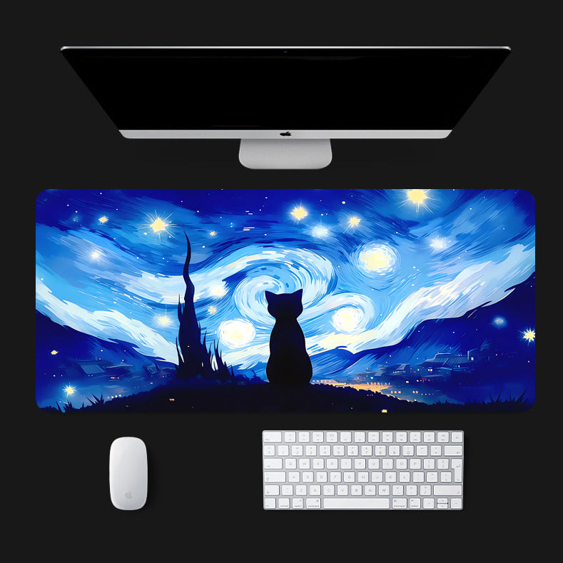 Starry Night Black Cat Extended Mouse Pad