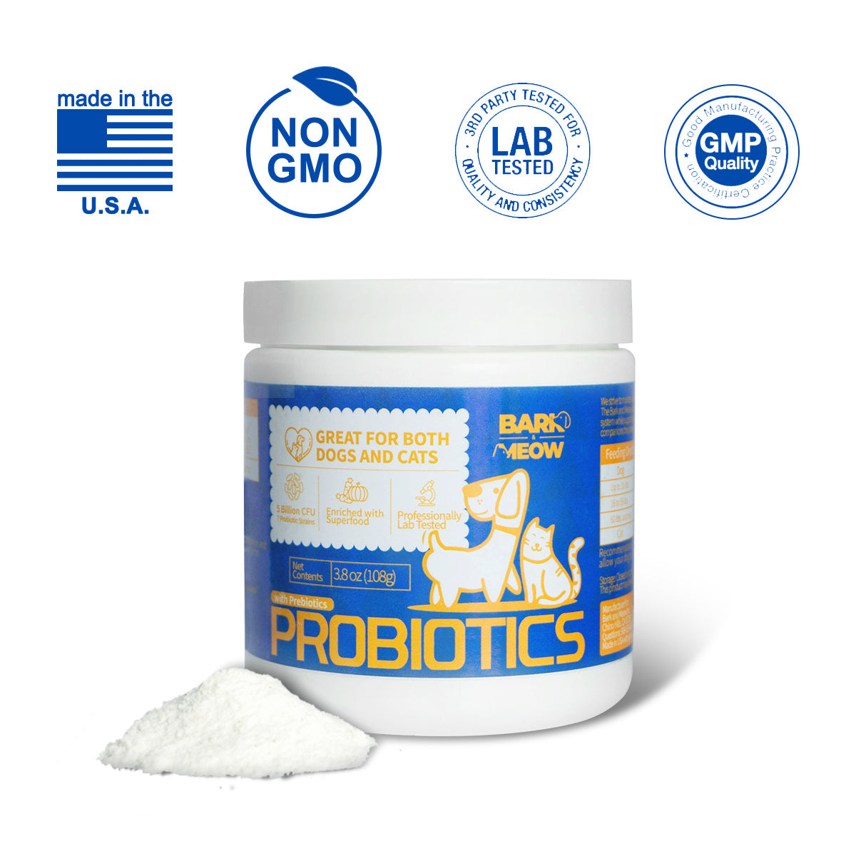 Bark And Meow Probiotics For Dogs & Cats 7 Tailored Strains Prebiotics, Pumpkin & Carrot 5 Billion CFU Scoop Human-Grade, Non-GMO, Vet-Approved, Made In USA, Gut & Immune Support
