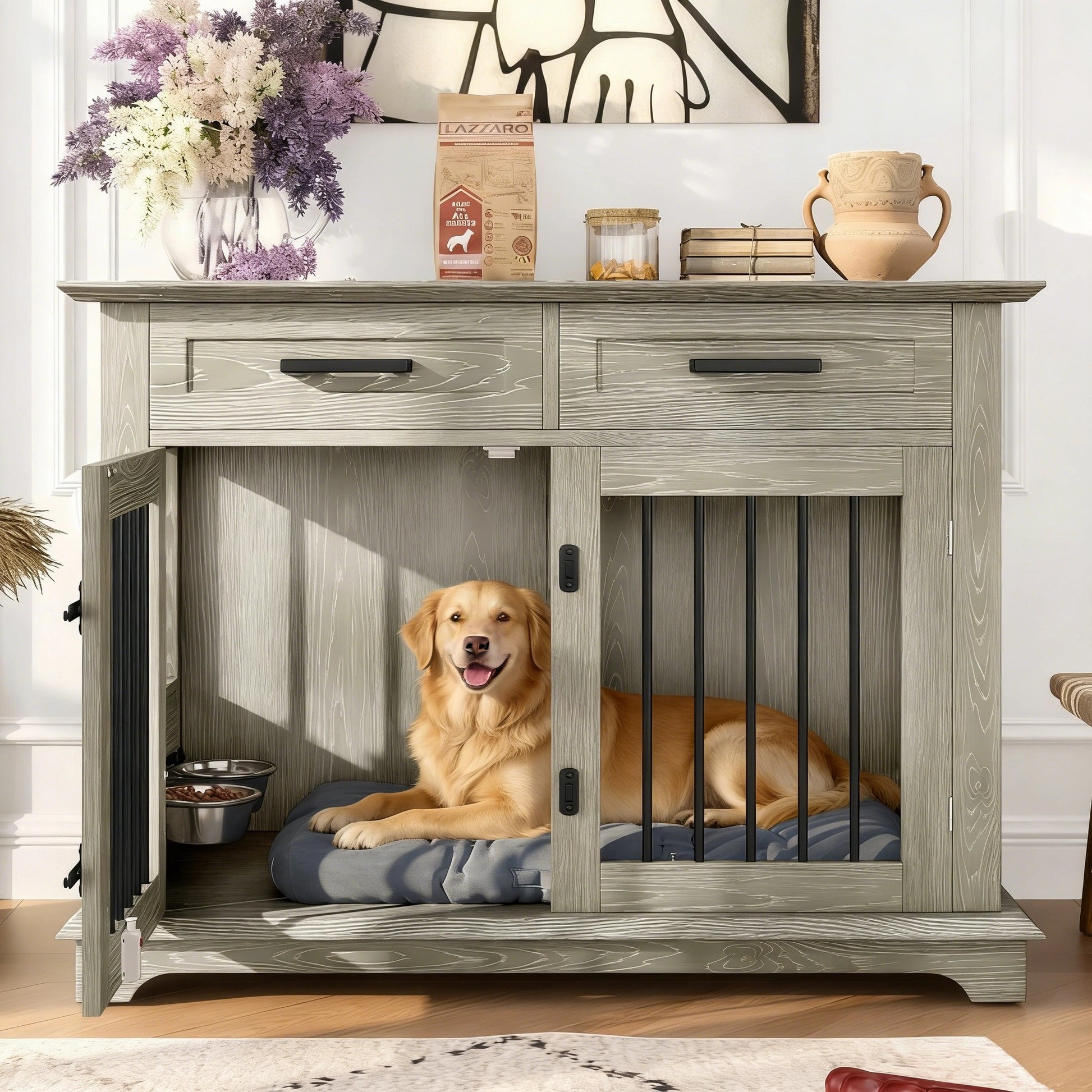 44.48" Large Wooden Dog Crate Furniture with Storage Drawers