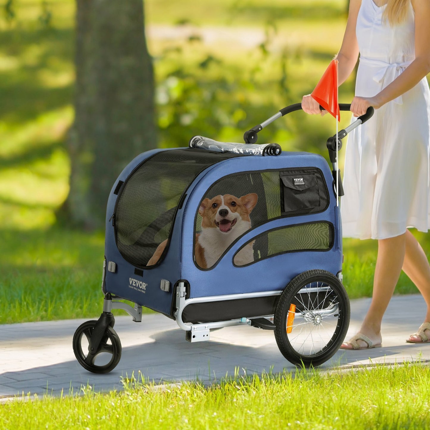 2-in-1 Pet Stroller Cart Bicycle Carrier, Easy Folding Cart Frame With Quick Release Wheels, Universal Bicycle Coupler, Reflectors, Flag, Blue Black