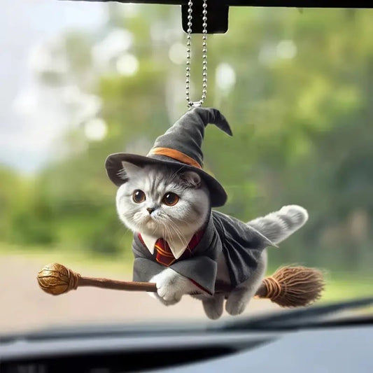New Acrylic Riding Broom Magic Cat Rearview Mirror Accessories
