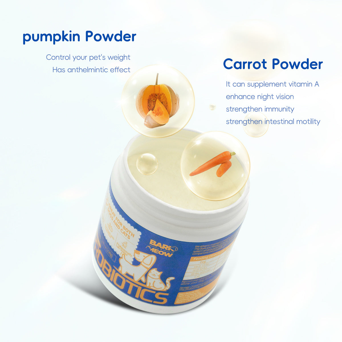 Bark And Meow Probiotics For Dogs & Cats 7 Tailored Strains Prebiotics, Pumpkin & Carrot 5 Billion CFU Scoop Human-Grade, Non-GMO, Vet-Approved, Made In USA, Gut & Immune Support