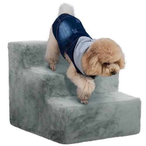 PawHut Three-Step Dog Stairs, With Washable Plush Cover, For High Bed Sofa, Dog Stairs For Small Dog And Cat - Light Grey