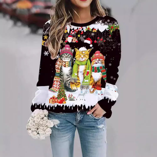 Cute Christmas Cat Graphic Sweatshirt – Cozy Holiday Pullover for Cat Lovers