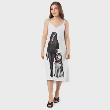 Luxury Graphic Dress – Elegant Black & White Lady with Dog
