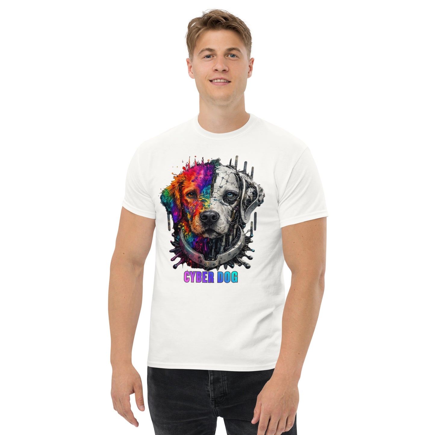 Cyber Dog T-Shirt mockup on male model, white unisex tee with colorful cyberpunk dog graphic design, futuristic streetwear style