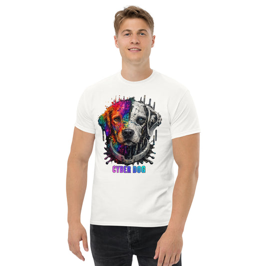 Cyber Dog T-Shirt mockup on male model, white unisex tee with colorful cyberpunk dog graphic design, futuristic streetwear style