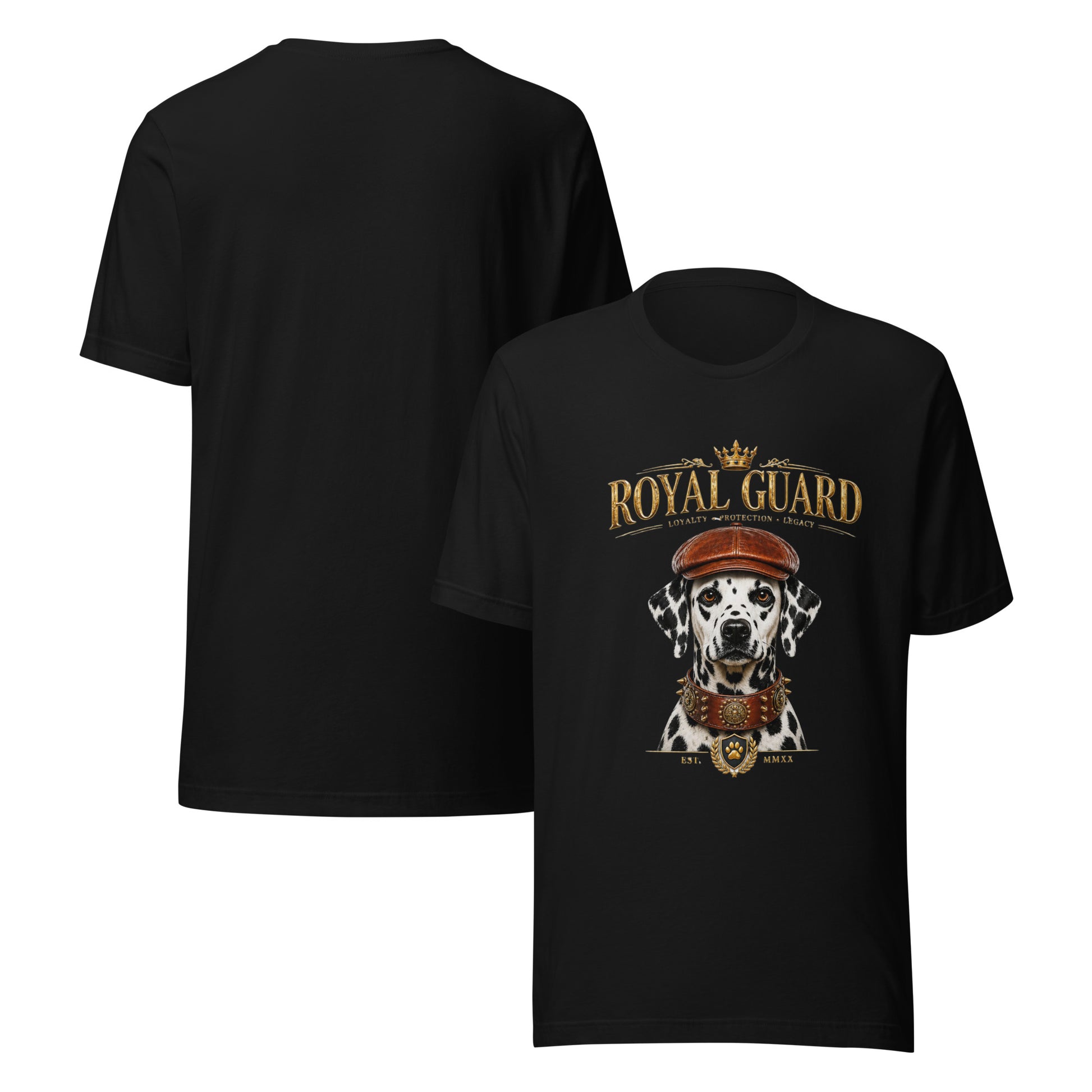 Luxury Dalmatian graphic t-shirt worn by a man walking with a Dalmatian dog in an elegant streetwear style setting
