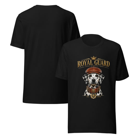 Luxury Dalmatian graphic t-shirt worn by a man walking with a Dalmatian dog in an elegant streetwear style setting